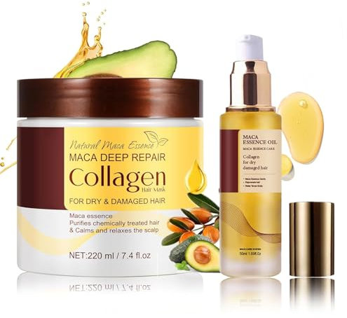 2PCS Haarpflege Set - Kollagen Haarmaske 220ml und Arganöl Haare 50ml, Trockenes und Geschädigtes Haar Pflege Set für tiefe Reparatur, starke Feuchtigkeitspflege und Glättung