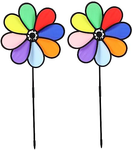 Blumenwindrad 30cm Bunt für Garten und Rasen Draußen | Kunststoff mit Fiberglasrahmen, Regenbogenoptik, ohne Werkzeug in Erde oder Gras Steckbar, 2 Stück