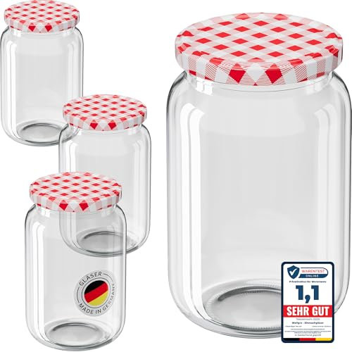 WELLGRO Einmachgläser mit Schraubdeckel TO 82 – rot kariert - Made in Germany - Luftdichte Rundgläser ideal zum Einkochen und Aufbewahren (720ml x 12 Stück)