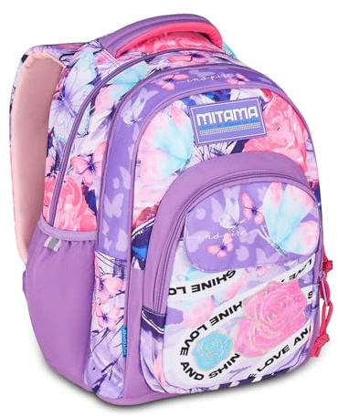 Mitama Zaino Scuola LOVE&SHINE, New Plus, Triplo Scomparto, Tasche Porta Borraccia, Spallacci Ergonomici, Scuola Elementare Bambina, Media
