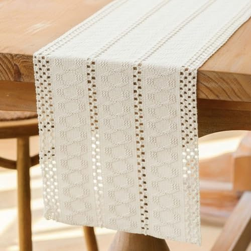 Avalune Tischläufer Beige Boho Tisch Läufer Modern Bauernhaus Klein Schmal Tischdecke Dekor Makramee Baumwolle Leinen Landhausstil Rustikaler Herbst Table Runner für Küche Hochzeit Party 30x180 cm
