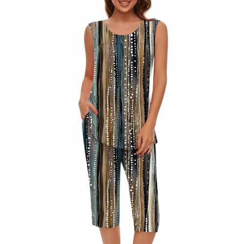 Women's Short Sleeve Pyjamas Set UK Ladies 2 Piece Outfits Floral Printed Pleated Casual Round Neck 3/4 Length T Shirt Cropped Pants Outfit Pjs Sets Lounge Wear Sleepwear Lounge gewear
