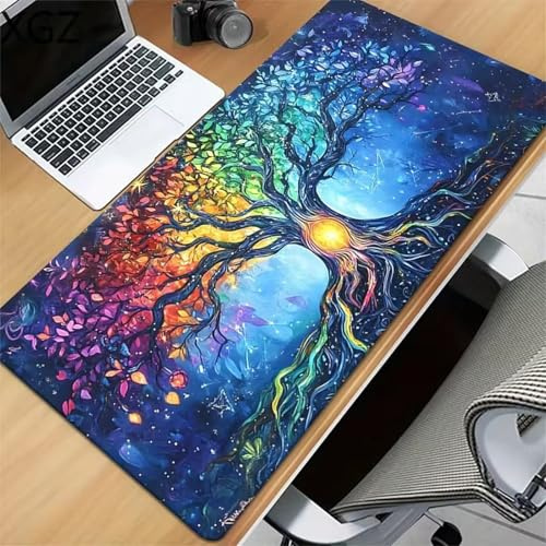 Gaming Mauspad Mousepad XXL Bunter Lebensbaum Großes Mauspad 900x400x2mm mit Genähten Kantenund rutschfeste Basis Large Tastatur Mouse Mat für PC, Laptop, Zuhause, Büro