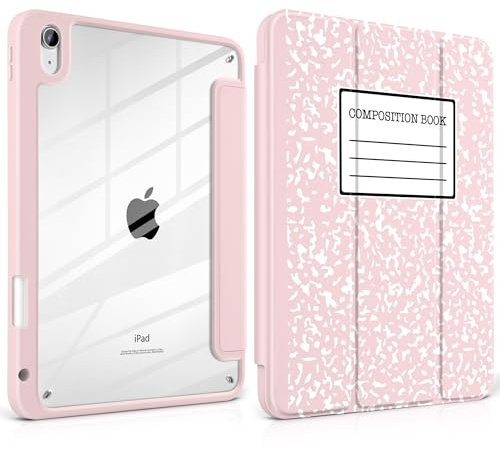 MEEgoodo Case for iPad A16 11th Generation 11 inch 2025/10th Gen 10.9 inch 2022, Cover with Clear Acrylic Back Shell,Tablet Case with Pencil Holder+Auto Wake/Sleep+Trifold Stand, Pink Composition Book
