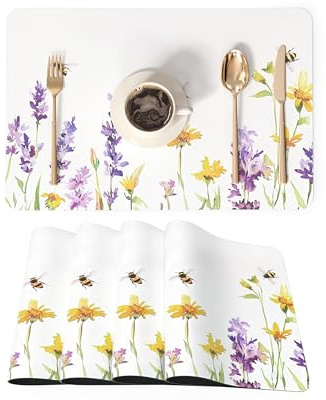 QIYI Faux Leather Placemats, Set of 4, Waterproof Oil-Proof Heat-Resistant PU Table Mats for Kitchen, Dining, Indoor & Outdoor Use, 45×30cm, Wildflower Meadow with Bees Watercolor