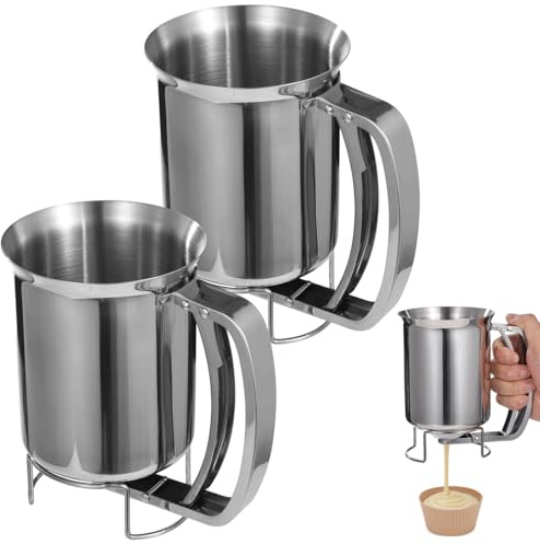2 PCS Stainless Steel Batter Dispenser, 27 oz Pancake Batter Dispensing Container with Handle, Manual Cupcake Mix Dispenser for Cooking, Baking, Candle Making, Kitchen and DIY Use