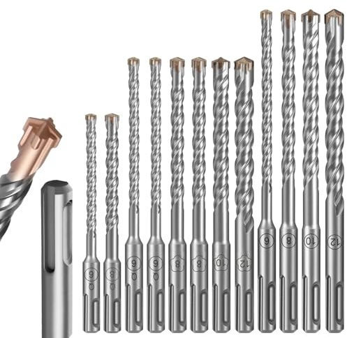 YOTINO 12PCS SDS-Plus Drill Bit Set | 6/8x110/150/200mm, 10/12x150/200mm Tungsten Carbide Cross Tip | Round/Square Shank for Heavy/Lightweight Hammer Drills – Concrete, Brick, Granite