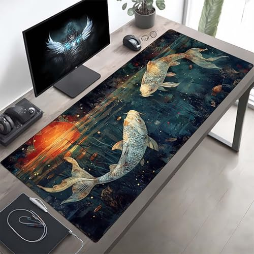 Fisch Schwarz Mauspad XXL 1000x500x3 mm, Groß Gaming Mauspad Design Vernähte Kanten, Wetterfest Anti Rutsch Mousepad PC Laptop verbessert Präzision und Geschwindigkeit, für Home Office PjY9137 X-P