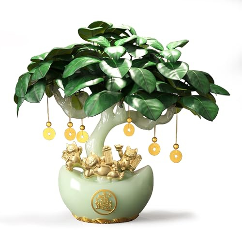 13.8 Chinese Money Tree with Synthetic Jade Base - Large Artificial Tree Feng Shui Wealth Decor with Golden Fortune Cat, Yuanbao Flower Pot & Coin Pendant, for Home & Office Decoration