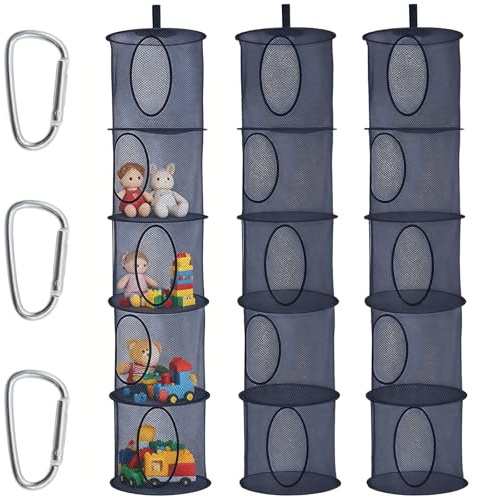 Solivive 3 Stück Hängeaufbewahrung, 5 Fäche Faltbare Aufbewahrung Hängend Organizer mit 3 Haken, Plüschtier Aufbewahrung Kuscheltier Aufbewahrung Netz für Kinderzimmer Balkon (Marineblau)