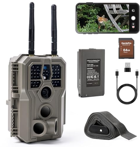 GardePro E8 2.0 Pro 4K Wildlife Camera WiFi Bluetooth, with 7800mAh Battery and 64GB SD Card, 64MP Trail Camera 165 ft WiFi Range, Wildlife Camera with Night Vision Motion-Activated