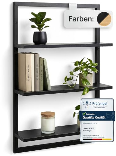 LAYVL HOME® Wandregal Bambus mit schwarzen Metallrahmen, 75x50x15cm, hängendes Regal mit modernem Design, Metall Holz Wand Schweberegal, Regalwand Möbel für Wohnzimmer Küche und Bad (Schwarz)