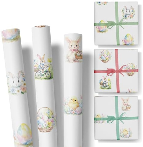 Geschenkpapier Ostern im Set – 3 Rollen: 3m lang, 47cm breit – edel und hochwertig – Osterpapier für Erwachsene und Kinder – (Set 4)