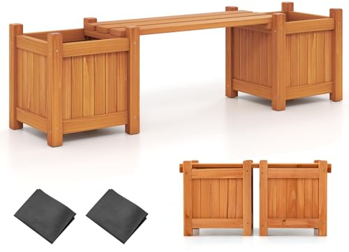 GiantexUK Wooden Garden Planter with Bench, 3-in-1 Raised Garden Bed with Seater & Open-ended Bottom, Outdoor Planter Box Bench Seat for Patio Backyard Balcony (Orange, 105 x 26 x 30cm)