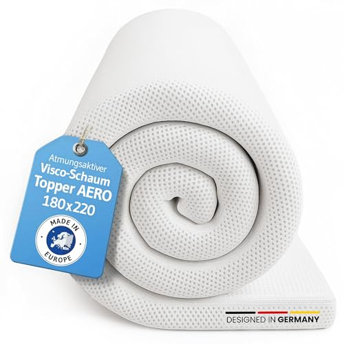 Topper 180x220 cm AERO, Ergonomischer Memory Foam, Gummizug für festen Halt | Oekotex zertifiziert, Matratzentopper 180 x 220, Atmungsaktiver Mesh-Bezug, Matratzen-Auflage mit 5 cm Höhe, Made in Europe