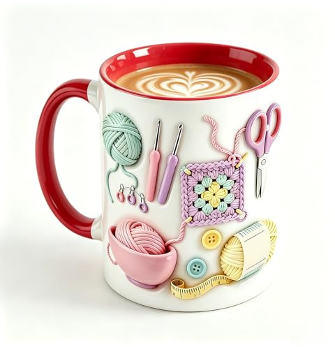 Taza para el amor del hilo, 340 ml, taza de café de cerámica de ganchillo, divertida con mango aislado, novedosa taza de café de hilo, regalo de ganchillo para los amantes del ganchillo, hogar