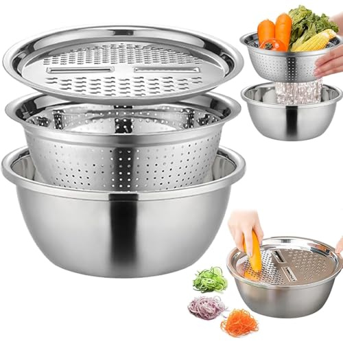 Multifunctional 3 in 1 Stainless Steel Rust-Resistant Kitchen Grater Colander Set, Drain Basket Strainer Mixing Bowl Salad Maker Vegetable Slicer Shredder for Potato Cheese Fruit Pasta Ginger (24cm)