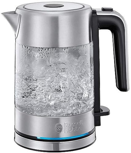 Russell Hobbs Hervidor de Agua Eléctrico Compact Home - 0,8 litros, Hervidor Pequeño, 2200 W, Diseño Compacto en Cristal, Filtro Extraíble, Base de 360°, Detalles en Acero Inoxidable, Plata - 24191-70