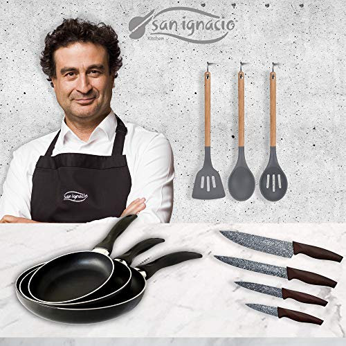 San Ignacio sartenes Navy Black 16/20/24 cms. al. Prensado, inducción, 4 Cuchillos, Acero Inoxidable, con Set 3 Utensilios de Cocina, Nylon, Aluminio, Negro