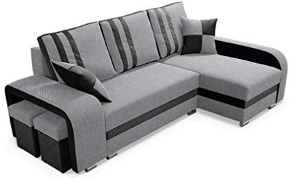 Robin York Ecksofa mit Schlaffunktion 2X Bettkasten 2X Kleine Kissen 2X Hocker Sofa L-Form Schlafsofa Freistehende Eckcouch Schlafcouch Wohnzimmermöbel Wohnlandschaft Rechts Schwarz Grau