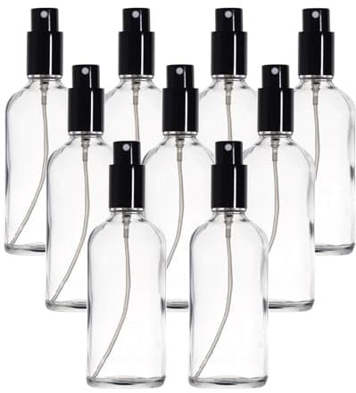 YIZHAO Transparente Bote Spray Pulverizador Cristal 100ml, Pulverizador Cristal Pequeño con Fina Niebla, para Aceite Esencial, Aromaterapia, Perfume,Limpieza, Viaje, Agua,Farmacia, Laboratorio – 9Pcs