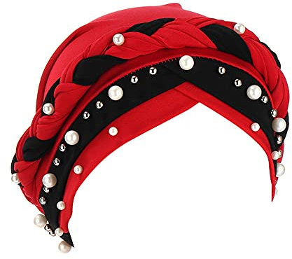 Fxhixiy Damen Hijab Perlen Zopf Turban Hut Kopftuch Krebs Chemo Beanies Bandana Headwrap Cap, Rot, schwarz, Einheitsgröße