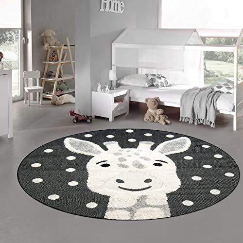 Teppich-Traum Kinderzimmer Teppich Baby Spielteppich 3D Optik High Low Effekt Giraffe Creme grau schwarz, 200 cm rund