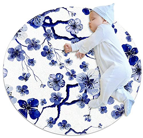 Petit tapis de salle de bain - Motif floral bleu chinois - Peinture à l'encre - Antidérapant - Pour canapé, chambre à coucher, chambre d'enfant - Rond - 0,7 m de diamètre