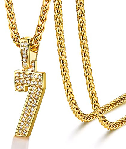 U7 Herren Halskette mit Nummer 7 Anhänger Zahlen Ketten Glückszahl Anhänger Ziffer Halsschmuck Gold Iced Out Pendant Necklace Mens Glücksnummer Kettenanhänger Rock Modeschmuck für Jahrestag