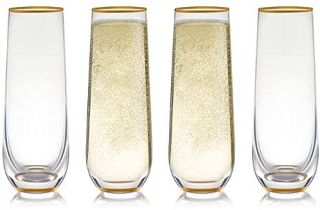 Stemless Champagne Flute Glass Set Of 4 With Gold Rim And Base - Mimosa Glass - Perfect For Bridesmaid Champagne Flute Or Dailyware - Set Of 4 Champagne Flutes Without Stems by Trinkware