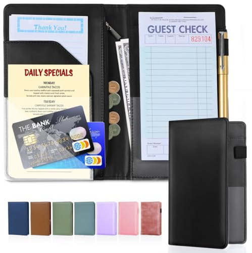 LINTRU Kellnerbuch für Kellnerin, Kellnerbuch, 12,7 x 20,3 cm, hochwertiges Kunstleder, mit Reißverschlusstasche, Kellnerbuch für 2 Taschen und 3 Taschenschürzen (schwarz)