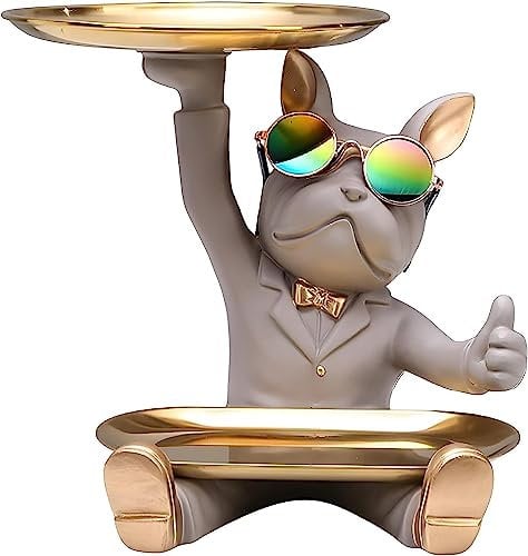 Jannlimt Statua Bulldog Vassoio, Statua Bulldog Ingresso Corridoio Svuotamento Tasca Scultura in Resina Statua Decorativa Bulldog Francese,Grey