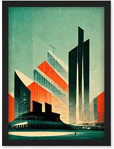 Doppelganger33 LTD Futuristic Abstract Architecture Cityscape Teal And Orange Artwork Framed Wall Art Print A4