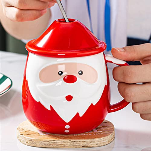 Tazas de café de Navidad, 2 tazas lindas de Papá Noel, taza de cerámica de 15 onzas, tapa 3D con cucharas, vasos de café espresso, taza de regalo