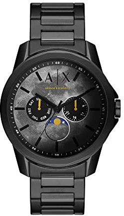 Armani Exchange Herrenuhr , QuarzMultifunktionswerk, 44MM Schwarzes Edelstahlgehäuse mit Edelstahlarmband, AX1738