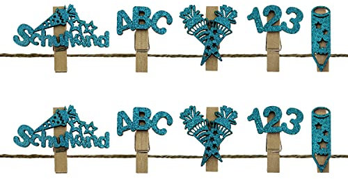 Oblique Unique® Mini Holz Wäscheklammern Glitzernd mit Schulkind Zahlen ABC Stift Zuckertüte Motiv für Schuleinführung Einschulung Schulanfang Streudeko Tischdeko (Türkis)