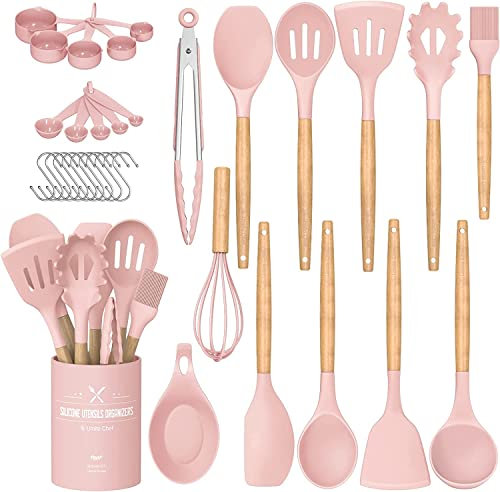 LVEON Lot de 33 ustensiles de cuisine en silicone anti-adhésif avec support et manche en bois