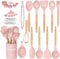 LVEON - Juego de utensilios de cocina de silicona antiadherente, 33 piezas, con soporte, mango de madera, juego de herramientas pequeñas