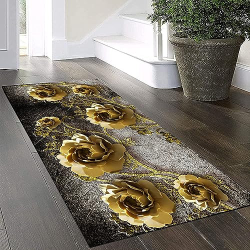 3D Blume Teppich Läufer Flur Küche Rutschfest Waschbar Teppichläufer Lang 100x400cm Schwarz/Gold Küchenläufer Meterware Korridor Tepiche Kücheteppich Schlafzimmer Wohnzimmer Flurmatten Breit 40-140Cm