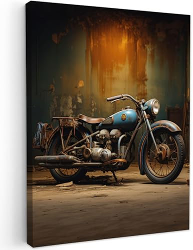 MuchoWow© Impression sur Toile Photo Peinture 50x70 cm Tableau Decoration Murale Chambre Salon Maison Deco Cuisine Vintage - Moto - Bleu - Ancien - Garage