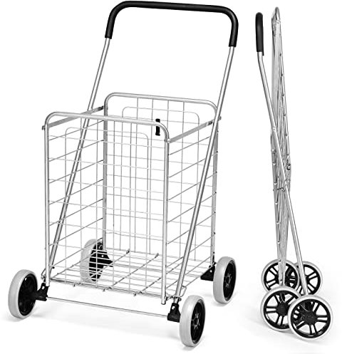 TANGZON Folding Shopping Cart on Wheels, 83L Capacity Metal Grocery Cart with Non-Slip Handle, Lightweight Portable Utility Push/Pull Trolley for Mobility Shopping Groceries Laundry (Silver)