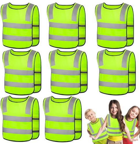 Vegena 8 Pcs Gilet de Sécurité pour Enfants, 360° Visibilité à Gilet Réfléchissante pour 3-12 Ans Enfants, Gilet Jaune Réfléchissant Oui Nuit Marche Idéale pour Garçons et Filles (Taille Universelle