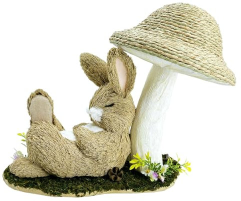Nature Vibe Sisalhasen-Osterdekoration, natürlicher Osterhase ruht unter Pilz für Ostertischdekorationen, dekorative Bauernhoftiere, Hasenfigur als Frühlingsdekoration für Zuhause