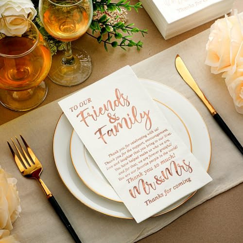 Hochzeitsservietten, Mr & Mrs, Dinner-Servietten für den Empfang, Einweg-Servietten, dekorative Handtücher für Hochzeit, Dusche, Bankett, Probe, Abendessen, Dekoration, Roségold, 100 Stück