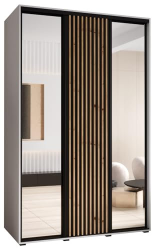 MEBLE KRYSPOL Sapporo 2 Moderner Schrank mit DREI Schiebetüren mit Spiegel, Stange, Regalen - Aufbewahrungsschrank für Schlafzimmer, Wohnzimmer - 205,2x160x60 cm - Weiß Schwarz Artisan