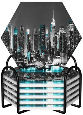 Lot de 6 dessous de verre ronds en céramique imprimés New York Peintures de New York, dessous de verre pour boisson, café – Hexagone