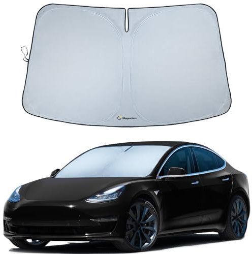 Magnelex Tesla Windshield Sun Shade (Model 3/Y), Reflective Polyester Blocks Heat & Sun, Foldable Car Window Sun Blocker, Mirror Cut-Out, Fade-Resistant Sunshade, Tesla 3 Accessories