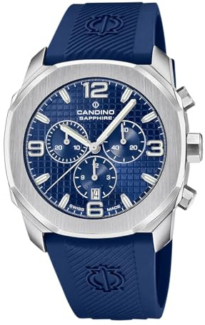 Candino Swiss Herrenuhr Analog aus Kautschuk Blau | Quarzwerk, Chronograph, Kalender, Widerstandsfähiges Saphirglas, Wasserdicht 10 ATM C4774/4 Icon