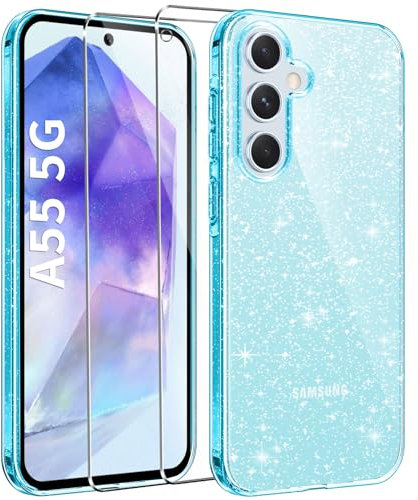 AROYI Klar Glitzer Handyhülle Kompatibel mit Samsung Galaxy A55 5G Hülle Glitzer mit 2 Stück Schutzfolie, Handyhülle Samsung A55 5G Transparent Weiche TPU Silikon Case [Anti-Yellowing], Blau