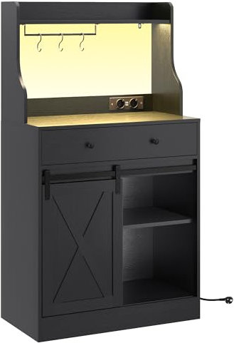 Armario de Cocina Con LED, Aparador Con Cajón Grande, Estantes Ajustables, 3 Ganchos, Gran Espacio de Almacenamiento, Para Salón, Comedor, 70 x 40 x 135 cm, Negro